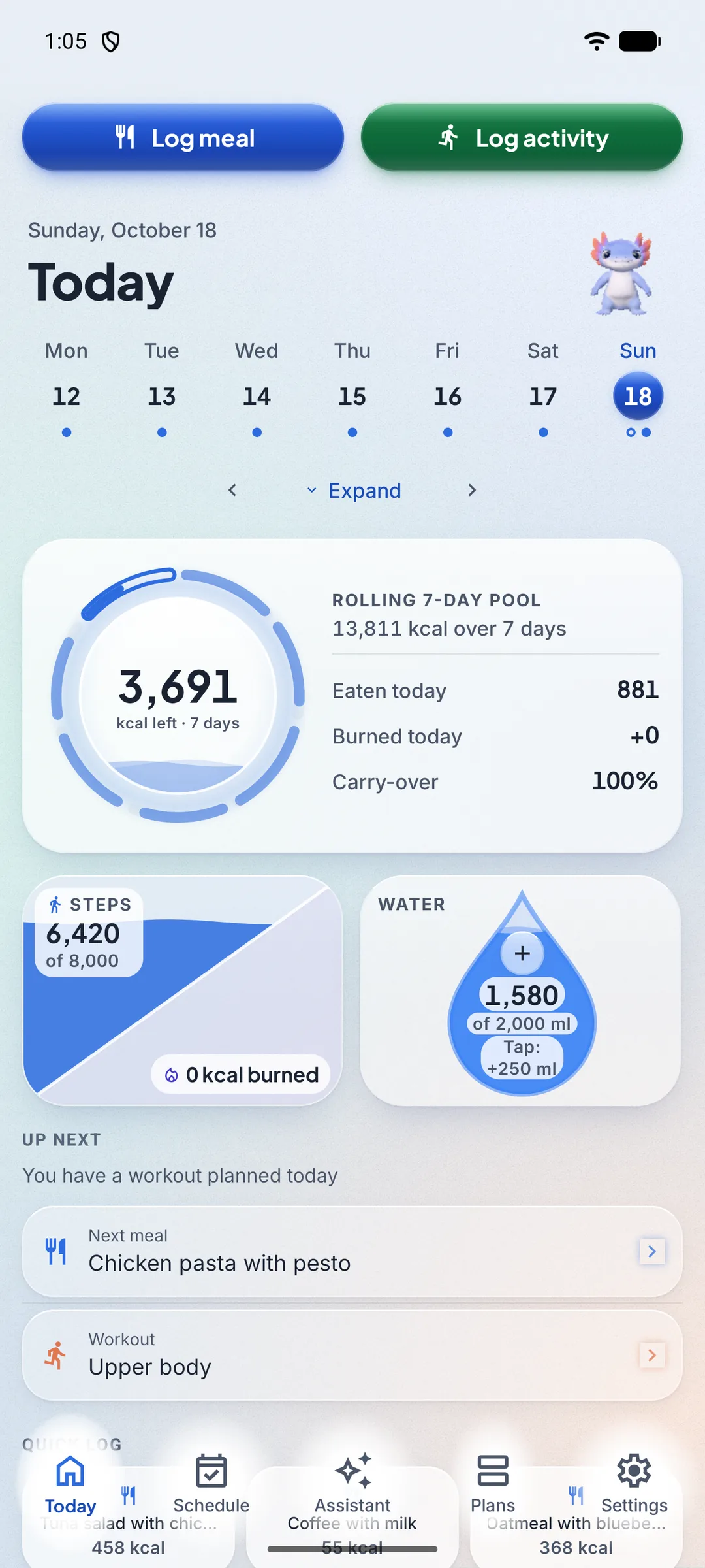 Today tab: the rolling 7-day pool, the day’s agenda, and the water and movement tiles.
