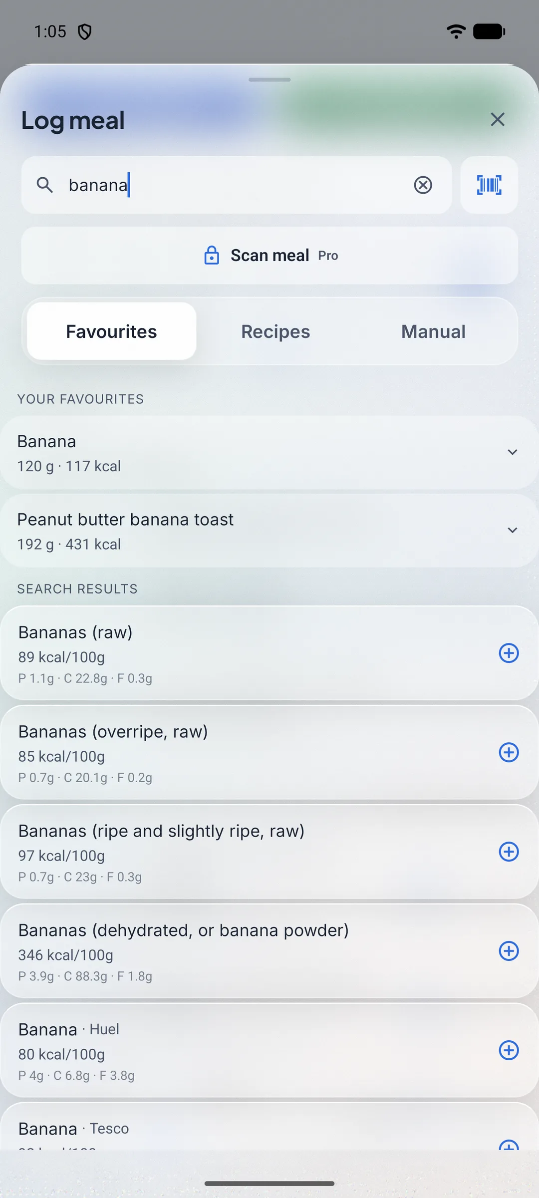 Food log with a search for banana: favourites from your log, then catalog results with kcal per 100 g, and the Scan meal entry marked Pro.