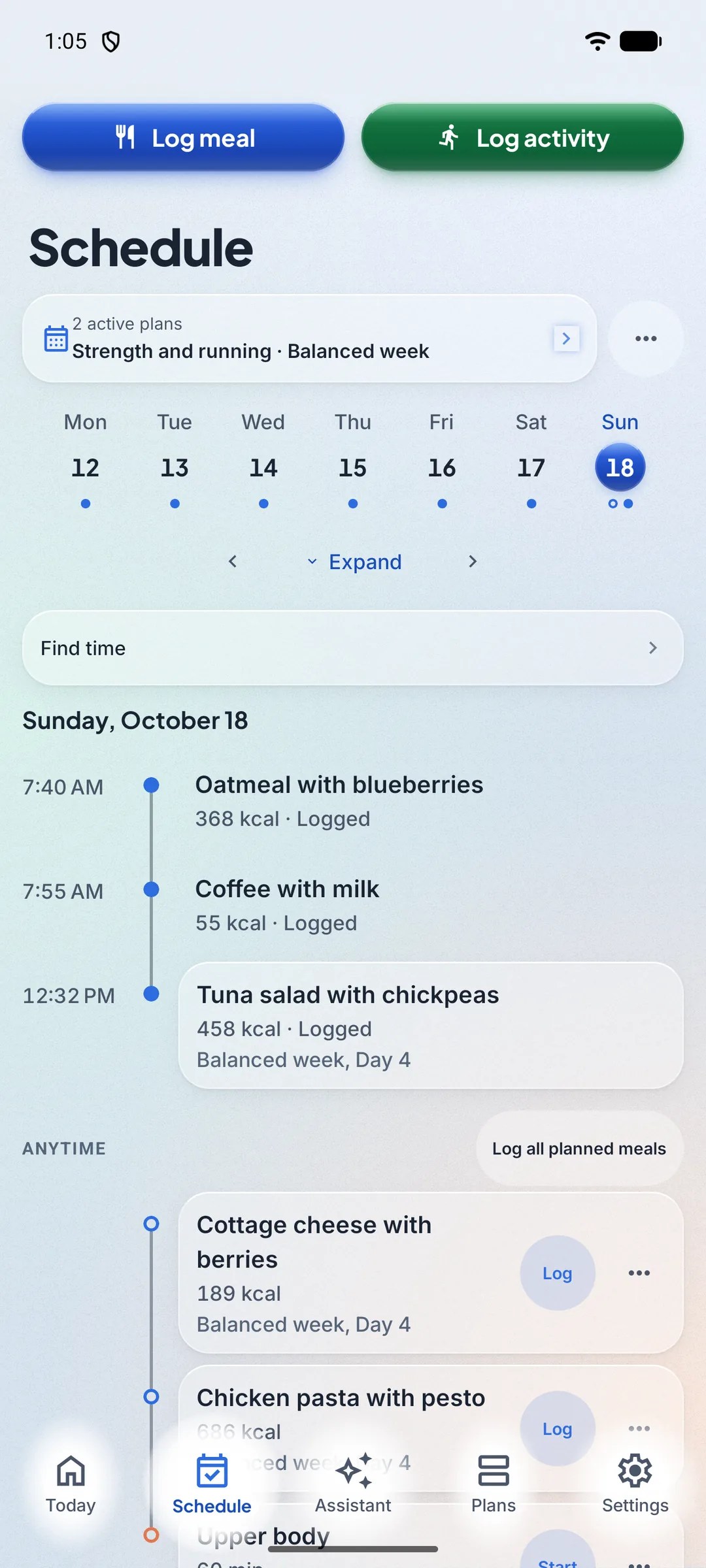 Schedule tab with two active plans, the week strip, the day's logged meals and planned meals, each with a log action.
