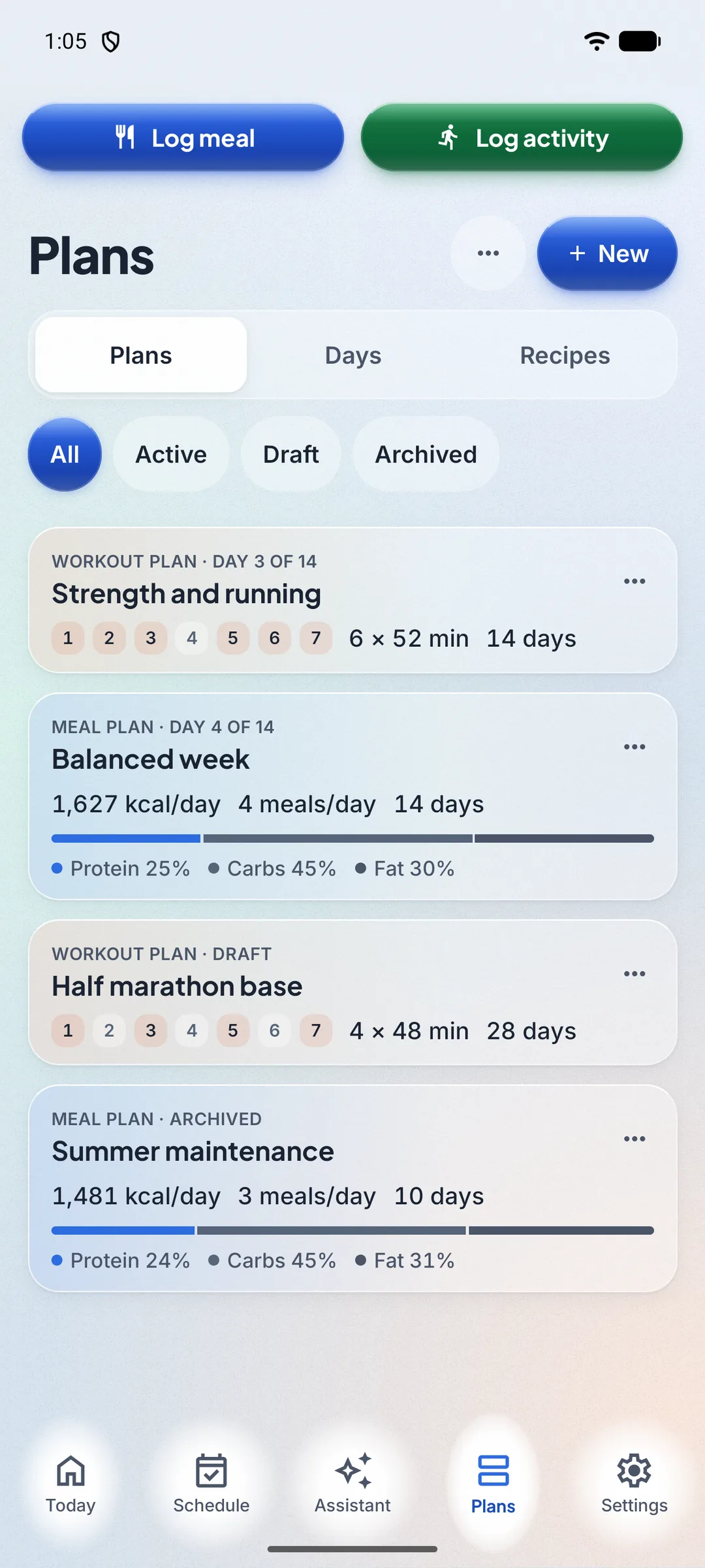 Plans tab with the library filters and plan cards.